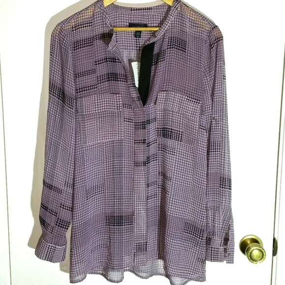 le chateau semi-sheer checked pink / black long sleeve button placket blouse - Picture 1 of 6